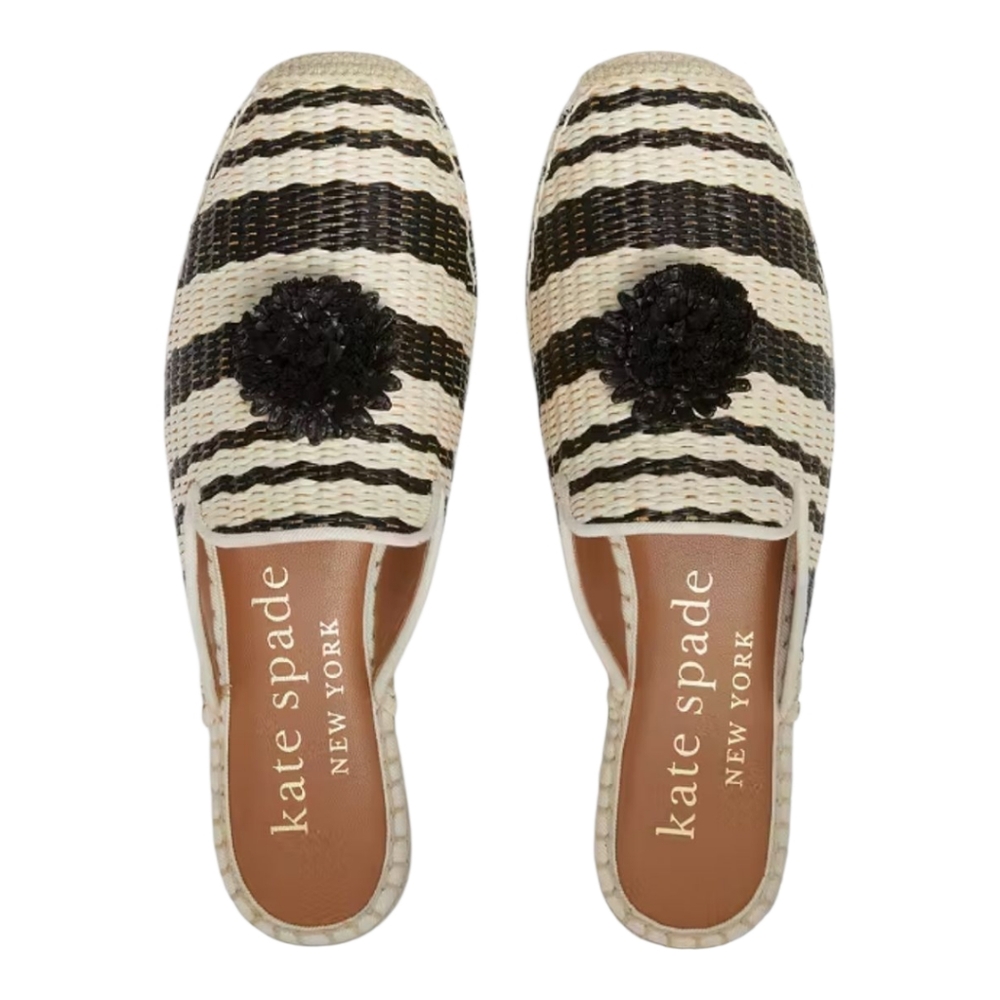 Kate Spade Solero Raffia Espadrille Mules Striped Black Cream Pom Pom Slides